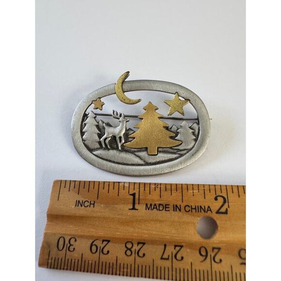 JJ Jonette Brooch, Deer in Forest Evergreens, Moon and Stars, Jonette Jewelry - Picture 4 of 5
